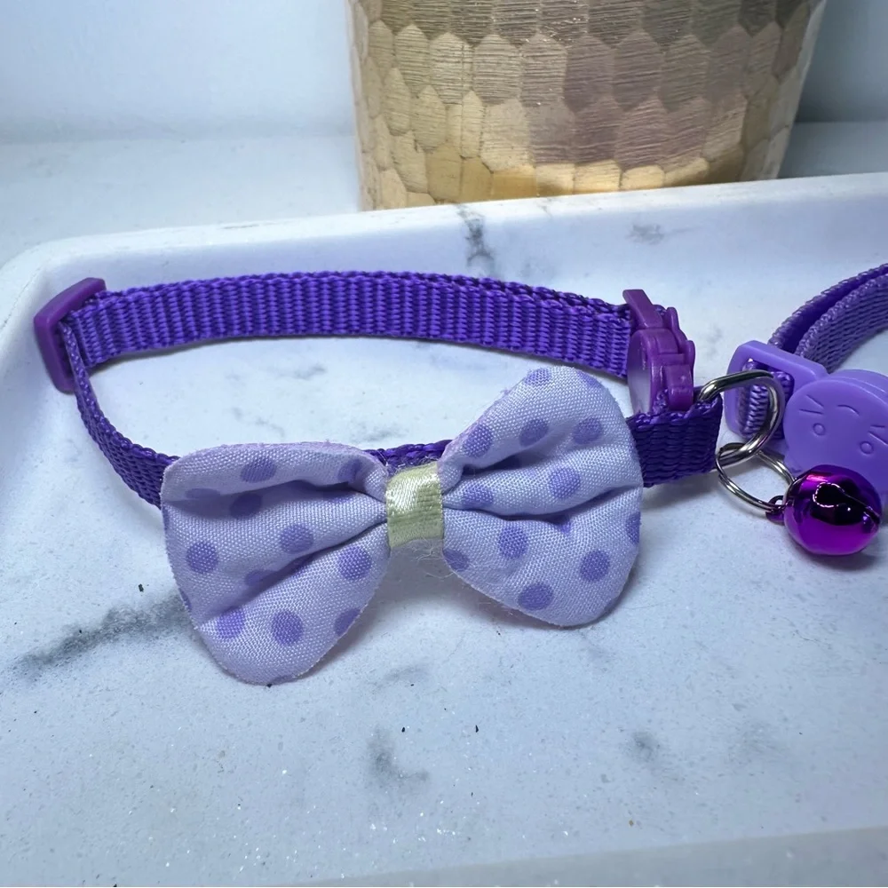 Purple and White Cat Collar Set with Bell Bow and Flower